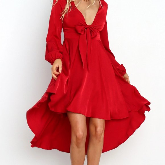 Petal + Pup Magnolia Long Sleeve Front Tie Hi-Low Midi V-Neck Dress Wine 6/Small - Picture 5 of 7